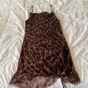 Leopard print mesh ruched bodycon dress
